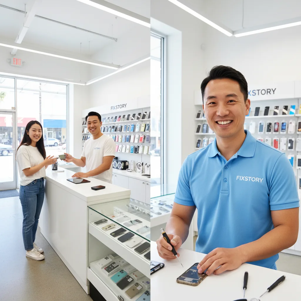 Friendly Korean-American FIXSTORY technician smiling and handing a perfectly repaired iPhone back to a happy customer over the counter in the DTLA shop