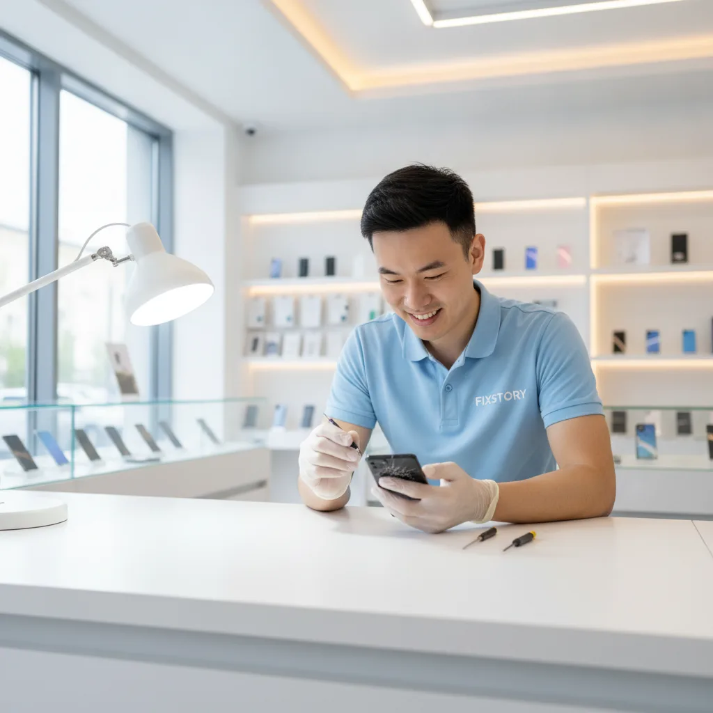Inside the FIXSTORY shop, a technician is carefully examining a cracked smartphone screen under a bright light.