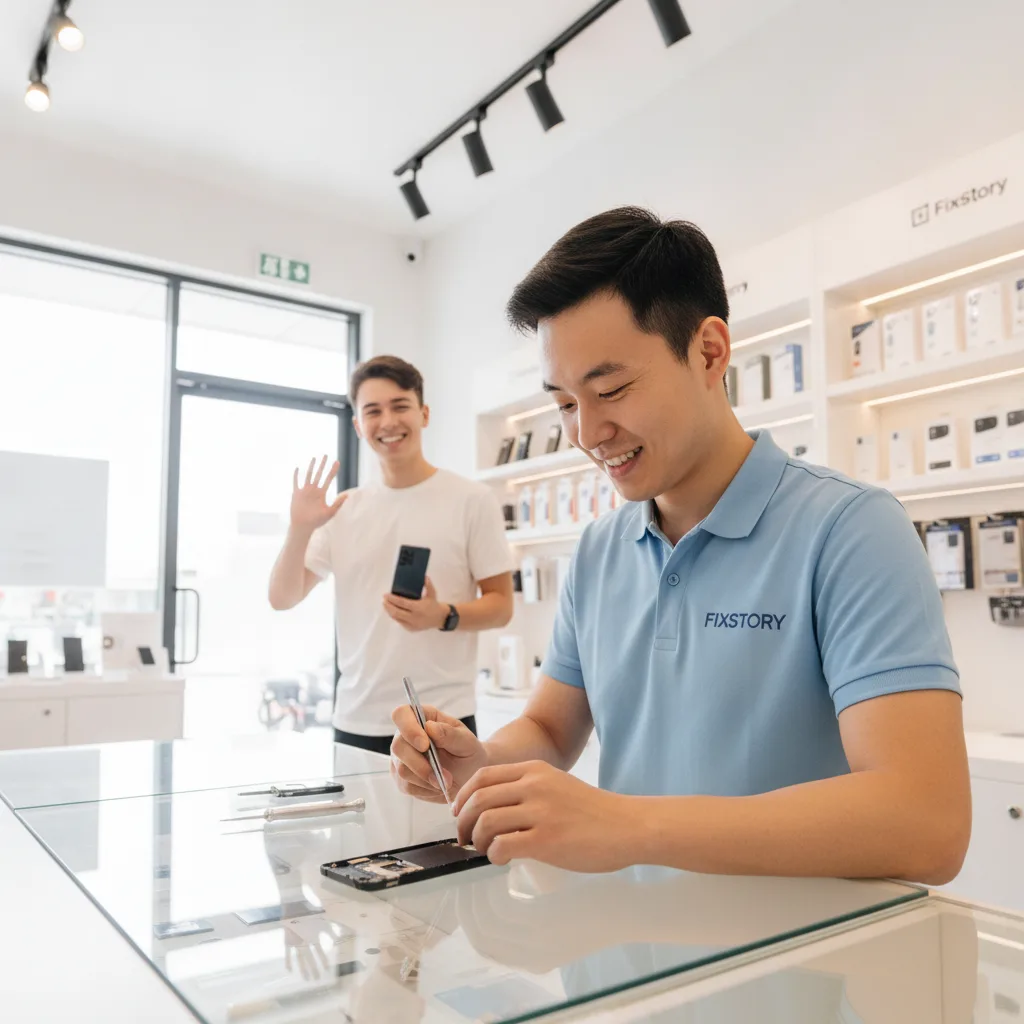 The happy customer, Alex, leaving the FIXSTORY shop with his perfectly repaired OnePlus phone.