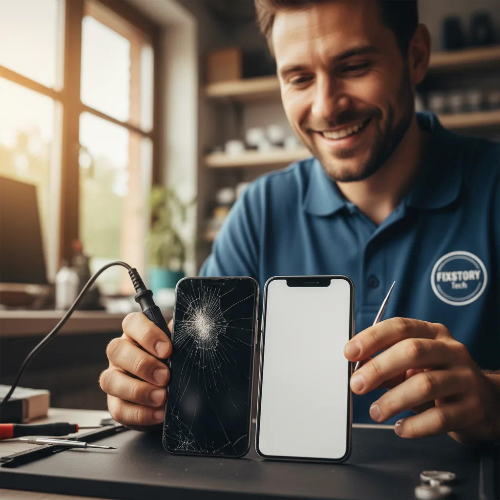 [side-by-side comparison of a cracked iPhone screen and a newly repaired one at FIXSTORY]