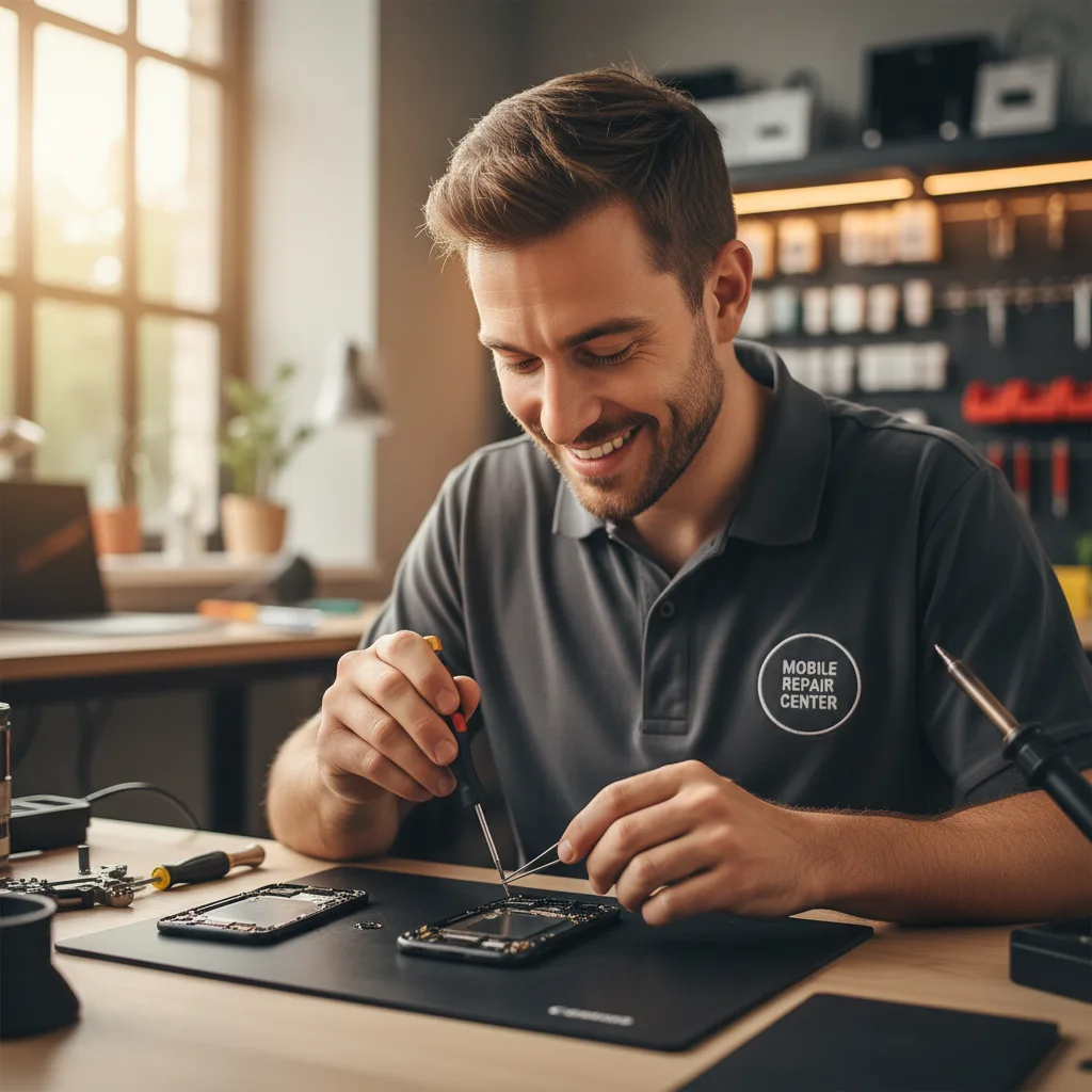 [FIXSTORY technician expertly replacing an iPhone screen in the DTLA shop]