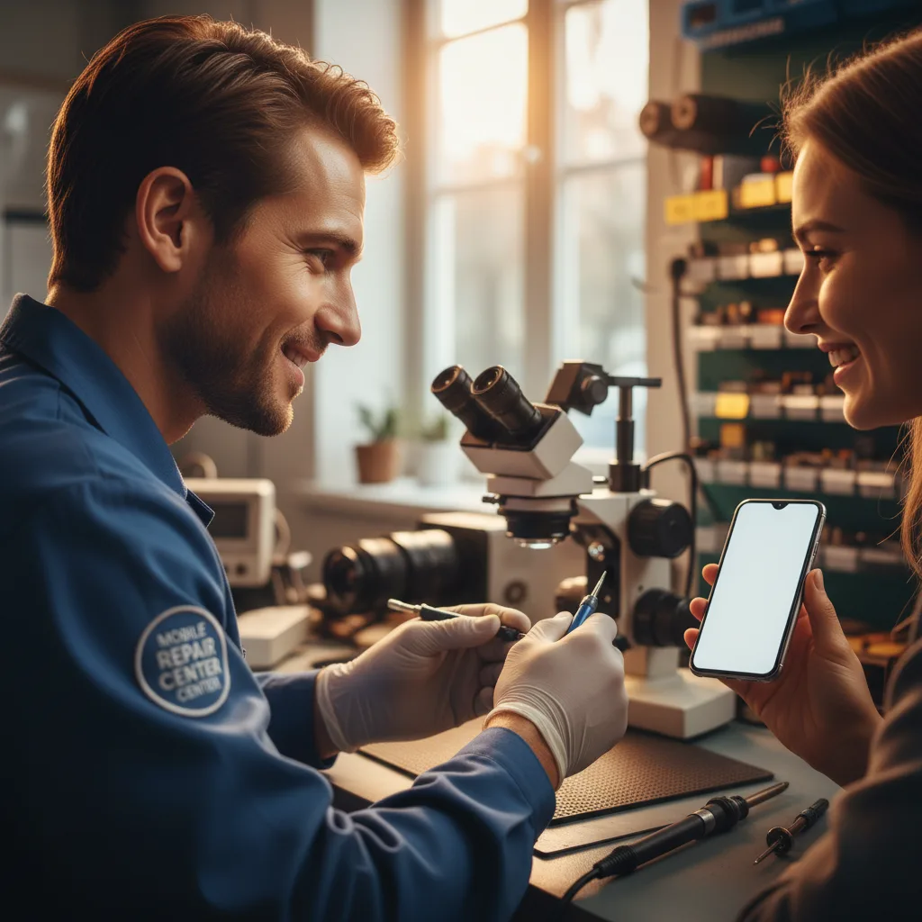 [smiling FIXSTORY technician handing a perfectly repaired iPhone back to a happy customer]