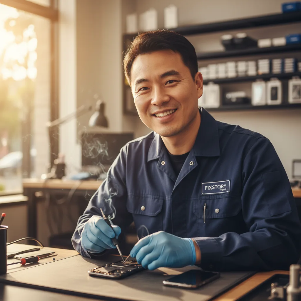 [FIXSTORY technician in the DTLA shop performing a free diagnosis on an iPhone]