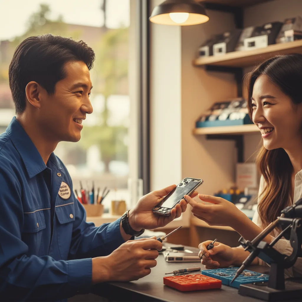 [smiling FIXSTORY technician handing a perfectly repaired iPhone back to a happy customer in DTLA]