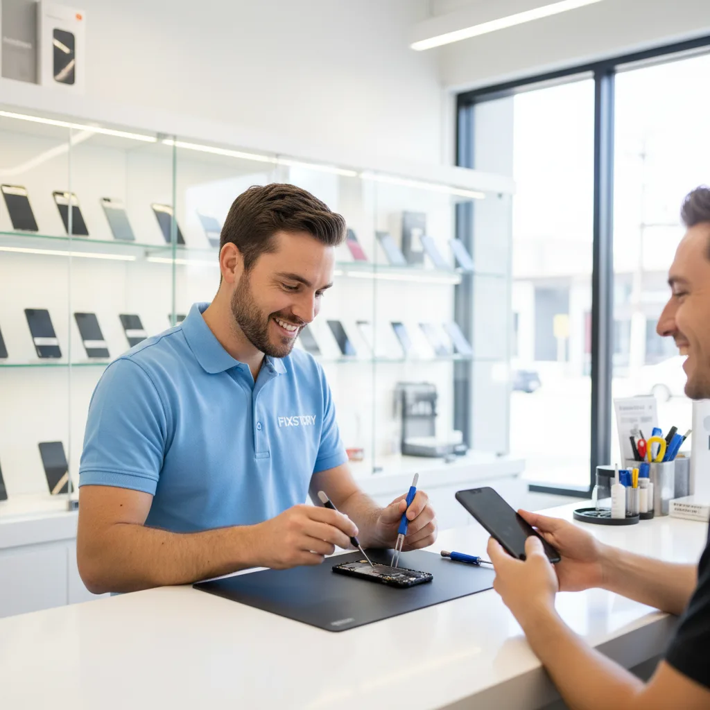 A smiling FIXSTORY technician in the DTLA shop handing a repaired iPhone back to a happy customer.