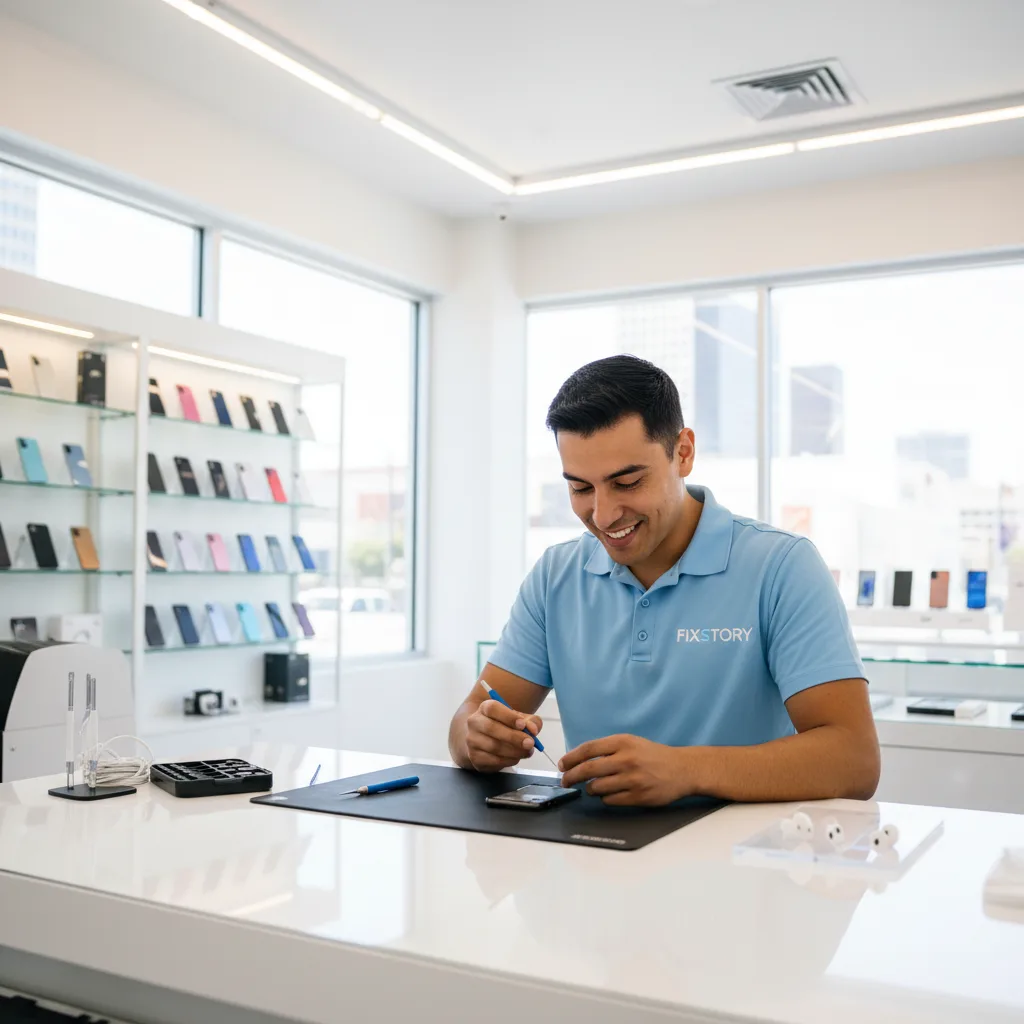 A FIXSTORY technician in the DTLA shop carefully replacing an iPhone battery