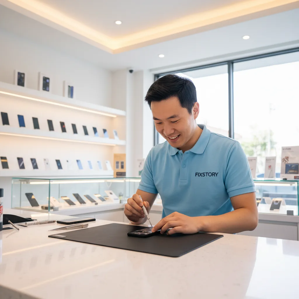 [FIXSTORY technician performing a free battery diagnosis on an iPhone at the DTLA shop]