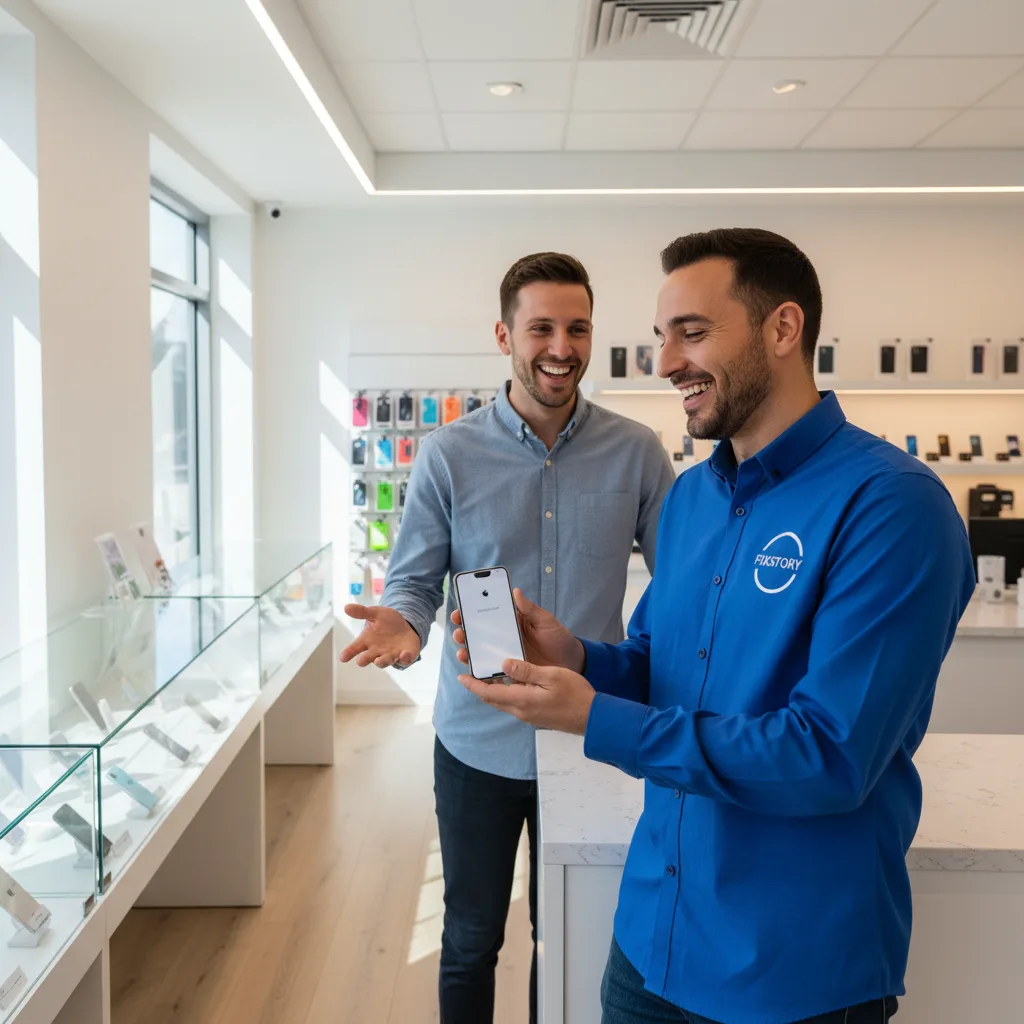 [customer happily receiving their repaired iPhone with a new battery from a FIXSTORY specialist]