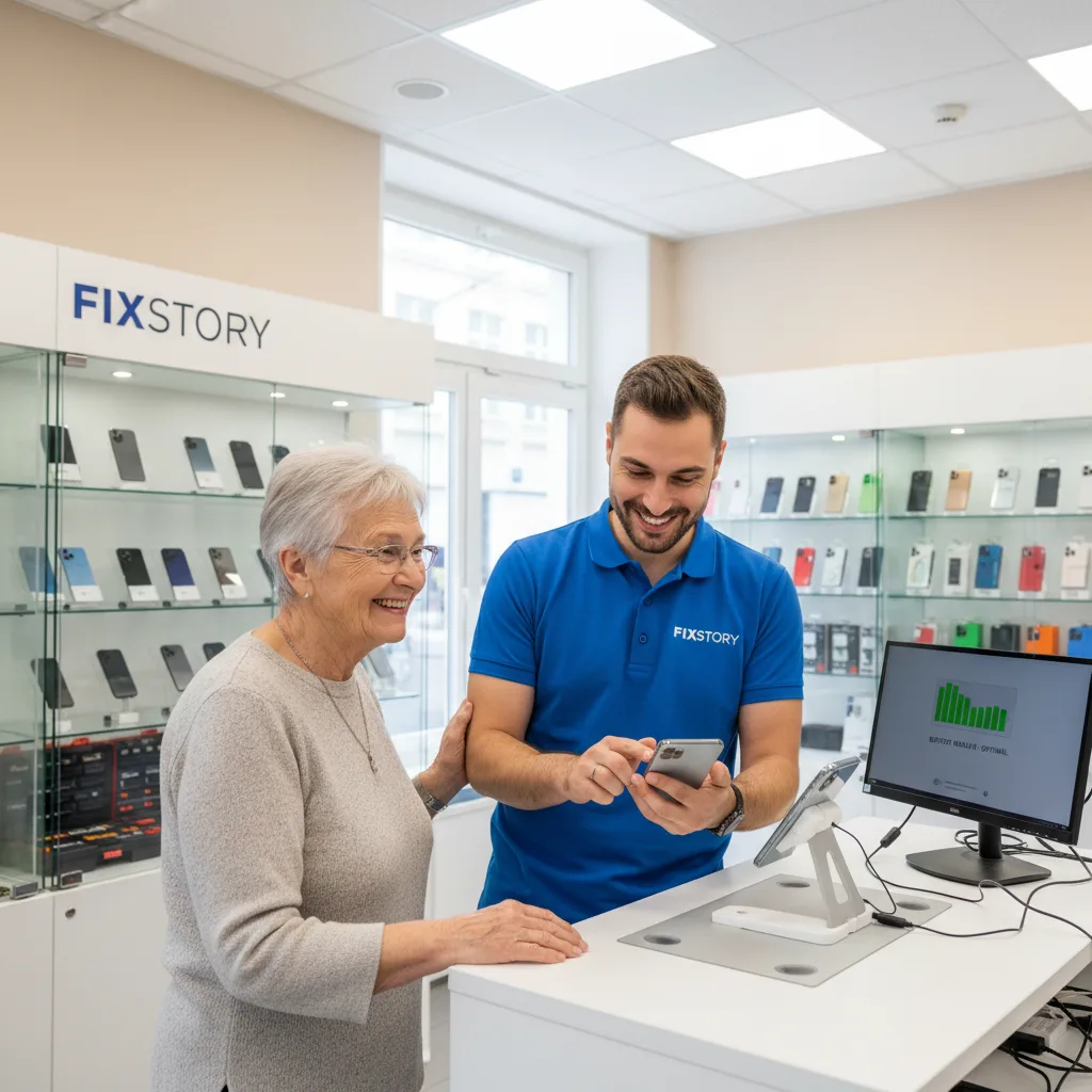 A FIXSTORY technician in the DTLA shop performing a free battery diagnosis on an iPhone