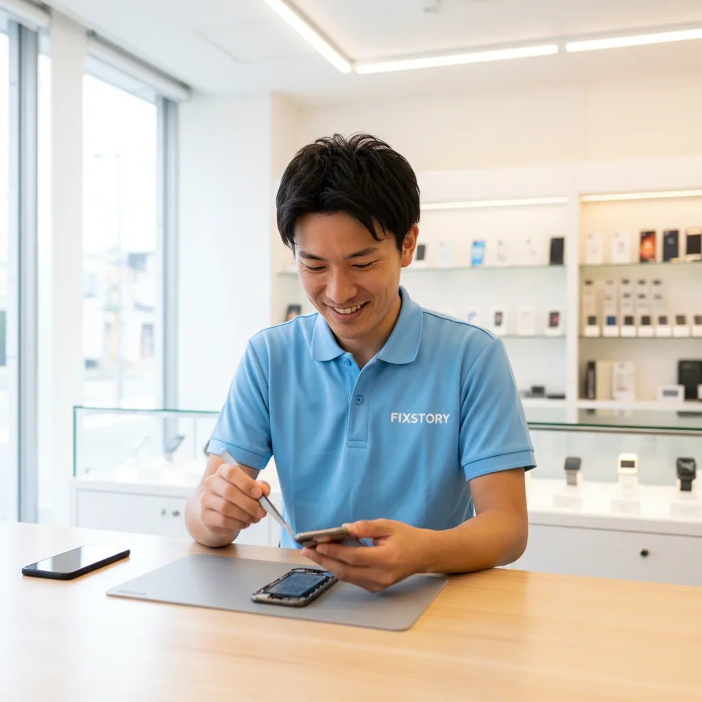 Close-up of a new iPhone battery being installed by a specialist technician