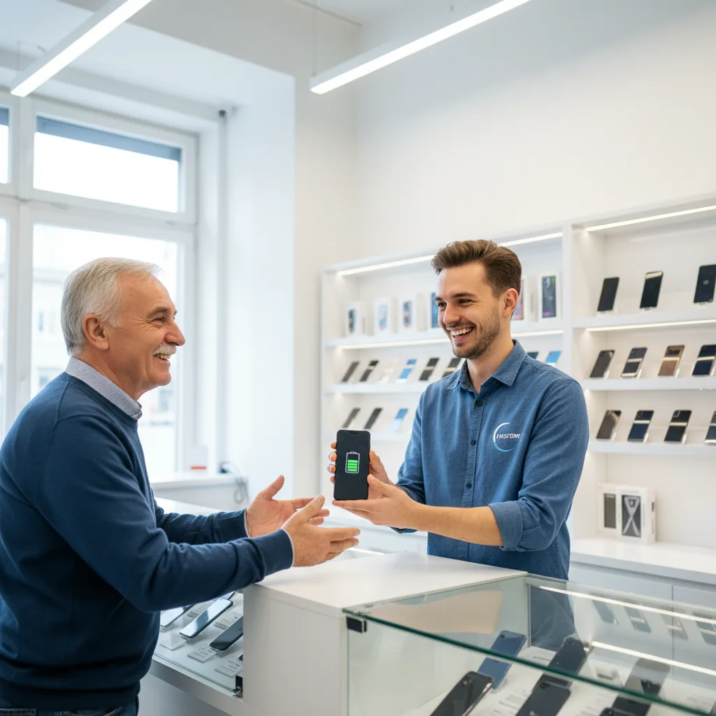 Satisfied customer receiving their repaired iPhone with a new battery from a FIXSTORY staff member