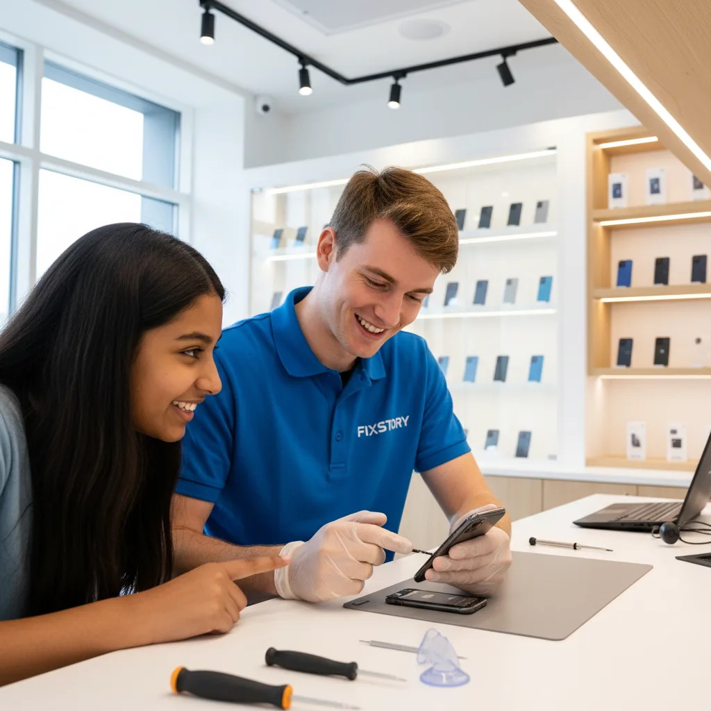 [FIXSTORY technician carefully replacing an iPhone battery at a clean workbench]