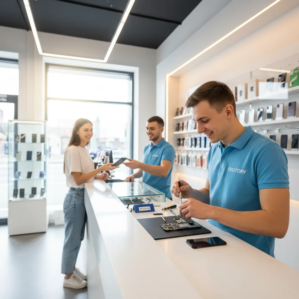 [Happy customer receiving their repaired iPhone from a FIXSTORY specialist in DTLA shop]
