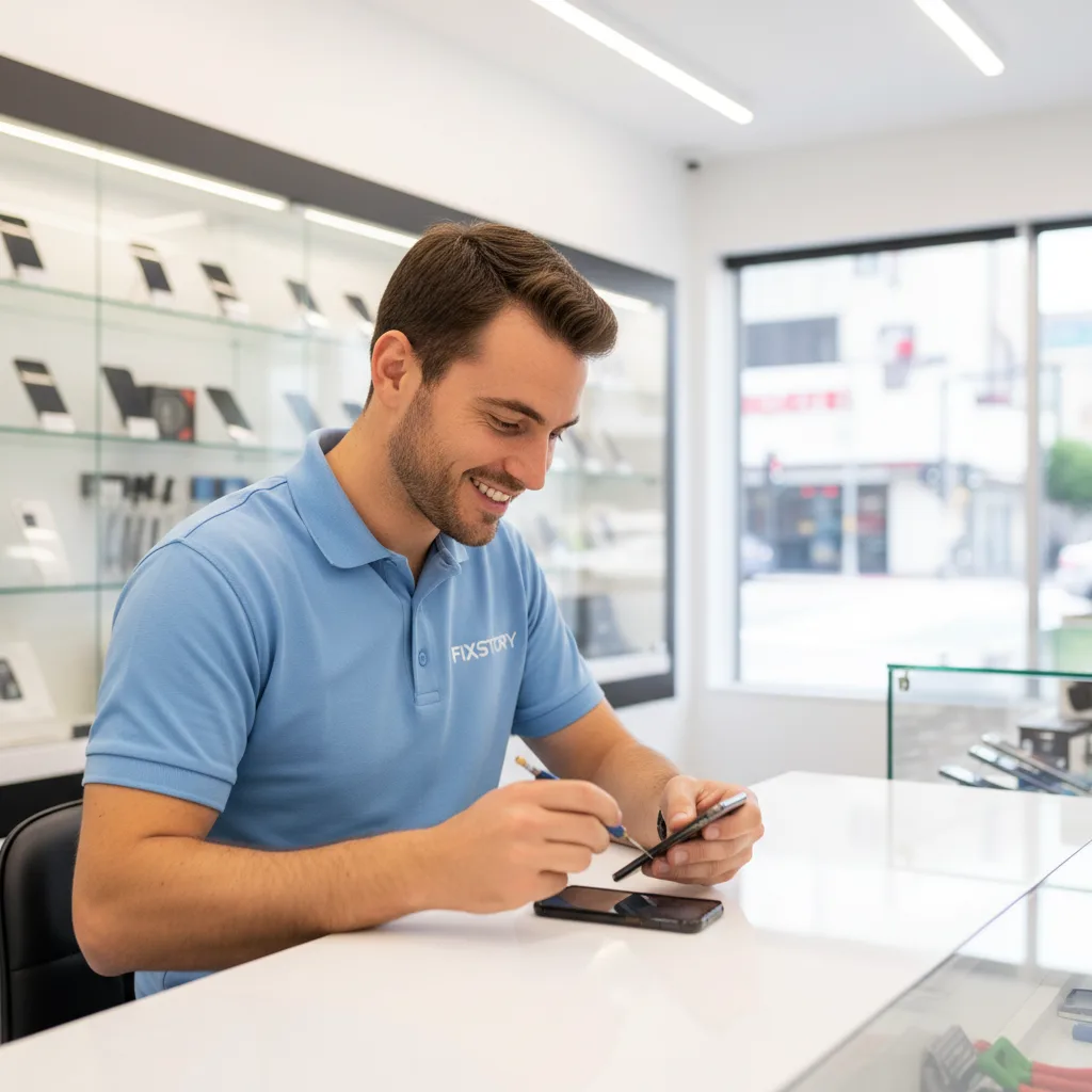 [smiling FIXSTORY technician doing repair in DTLA shop]