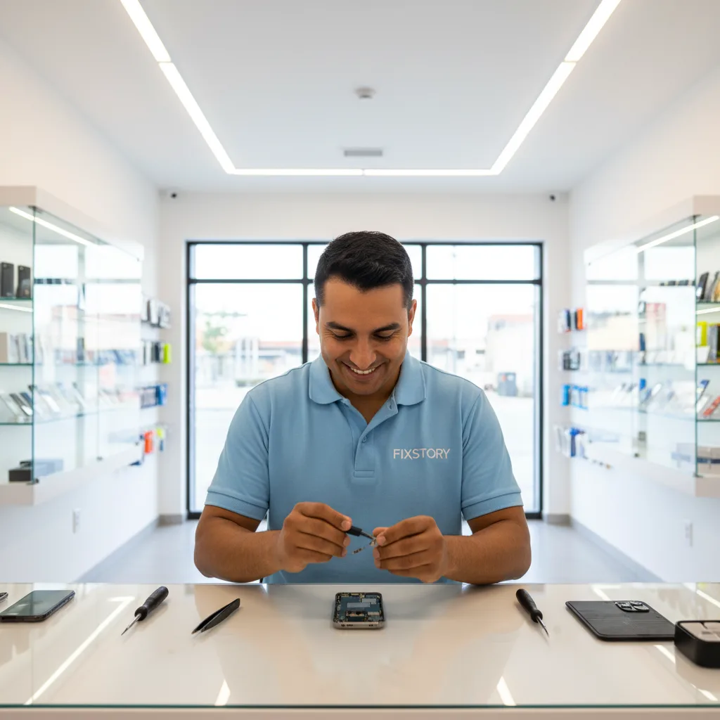Close-up of an iPhone charging port with a technician's tool nearby