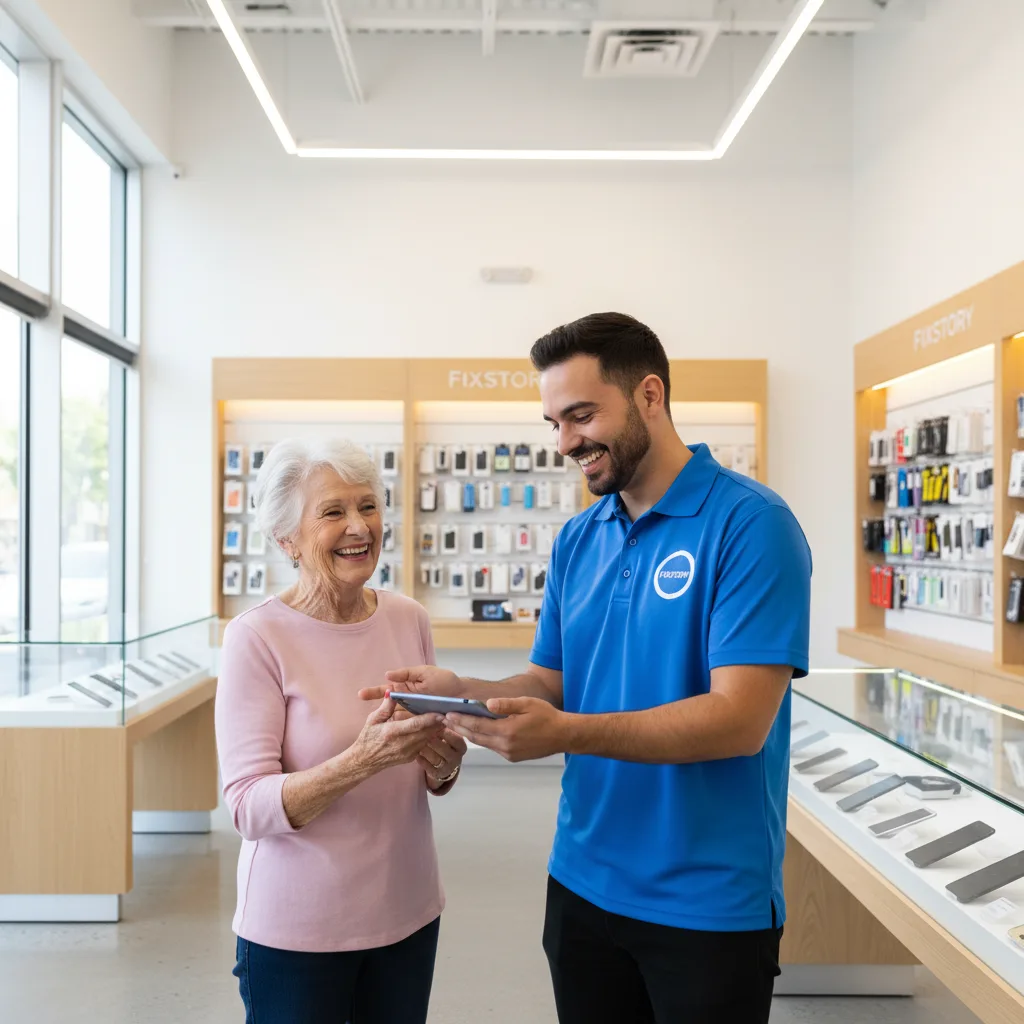 Smiling FIXSTORY technician handing a repaired iPhone back to a happy customer in the DTLA shop