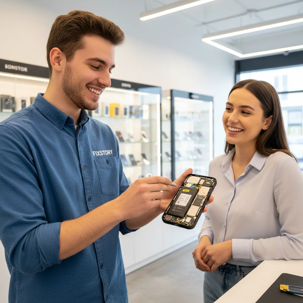 [A close-up shot of an iPhone charging port next to a new replacement battery, highlighting the two 