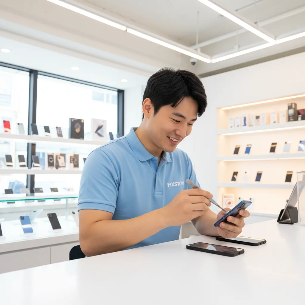 [A smiling FIXSTORY technician handing a fully charged and repaired iPhone back to a happy customer 