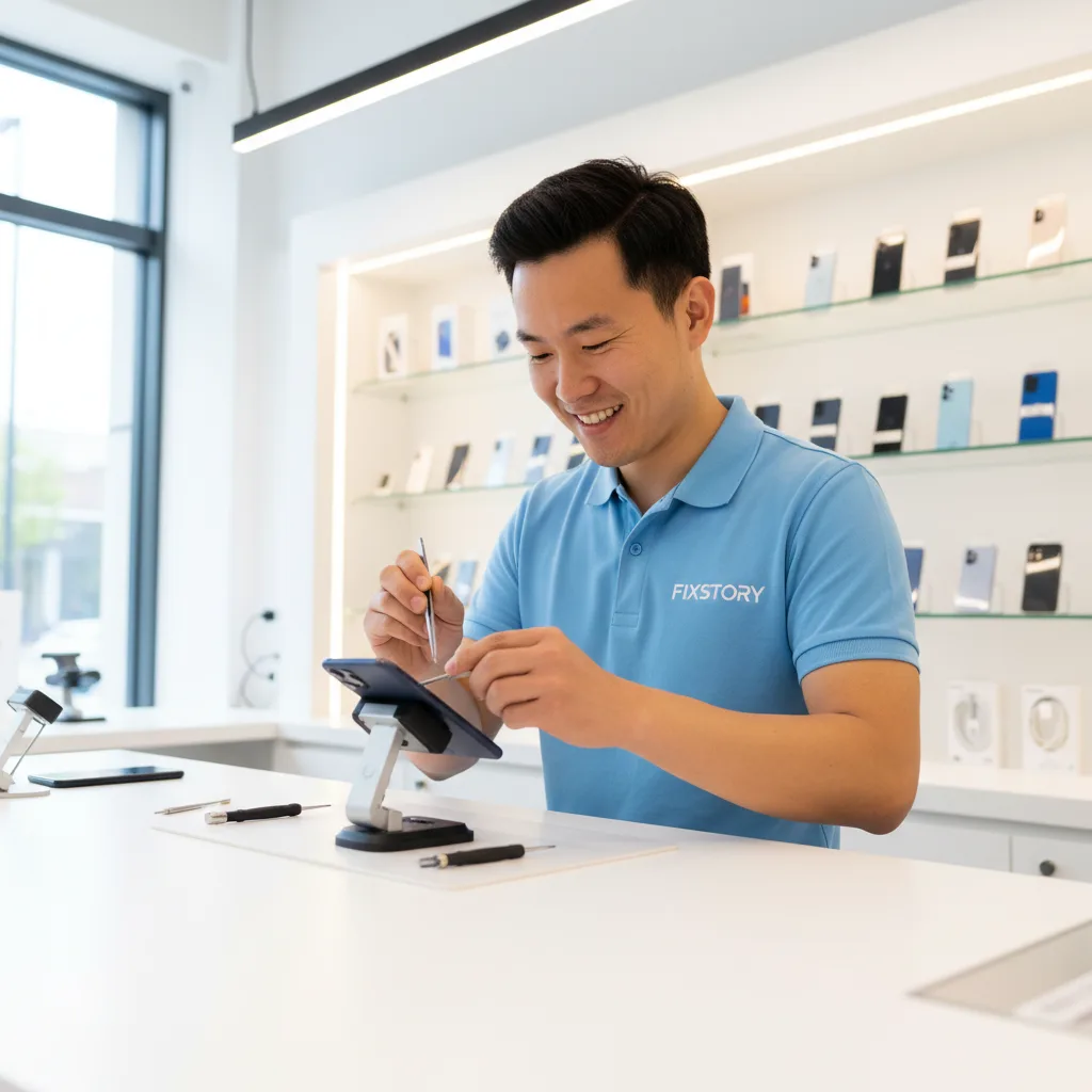 close-up of a FIXSTORY technician cleaning an iPhone charging port with professional tools