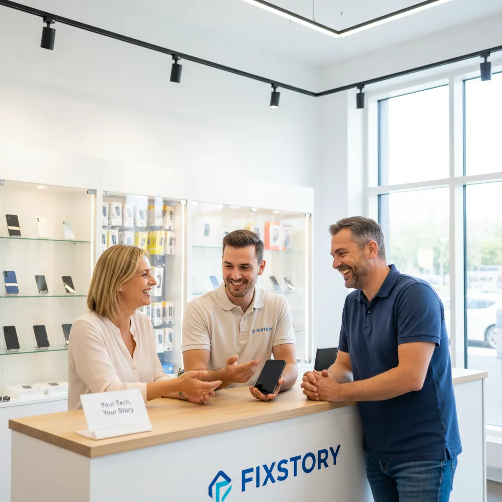 a customer happily receiving their fully charged and repaired iPhone at the FIXSTORY counter