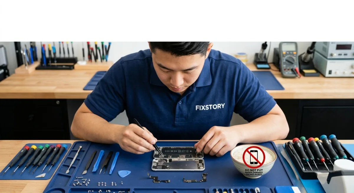 [A bowl of rice with a smartphone icon crossed out | alt: Do not put water-damaged iPhone in rice]