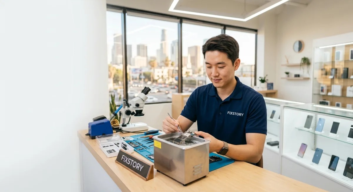 [Technician using ultrasonic cleaner for a smartphone logic board | alt: Professional iPhone logic b