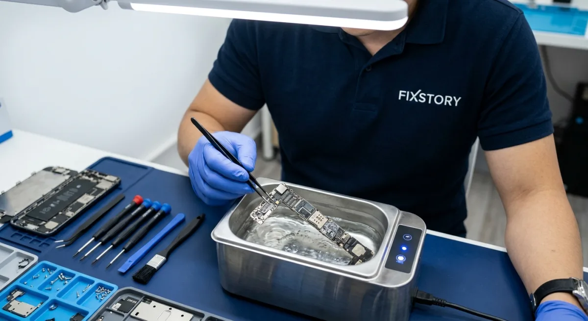 [Close-up shot of an iPhone logic board being cleaned in an ultrasonic cleaner | alt: iPhone logic b
