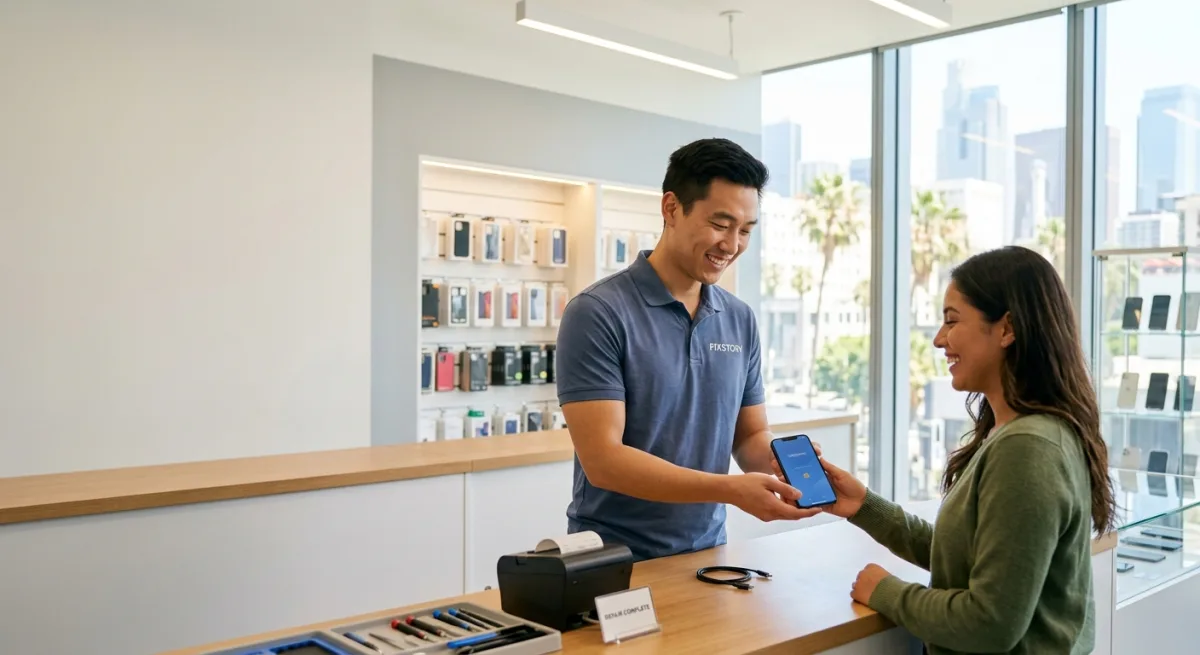 [Happy customer receiving their fully repaired iPhone from a FIXSTORY technician over the counter in