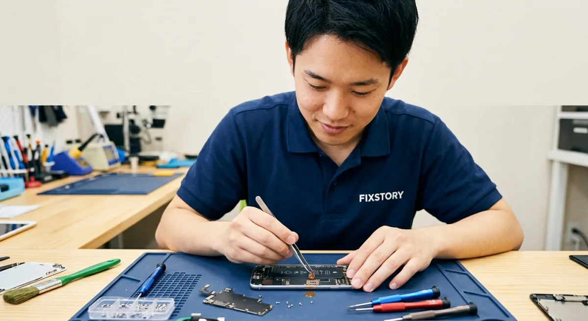 [FIXSTORY technician performing a free diagnosis on an iPhone with water damage in the DTLA shop | a