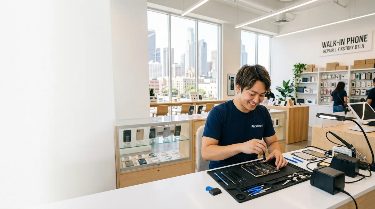 [FIXSTORY store front in Downtown Los Angeles with a walk-in sign | alt: Walk-in iPhone repair shop 