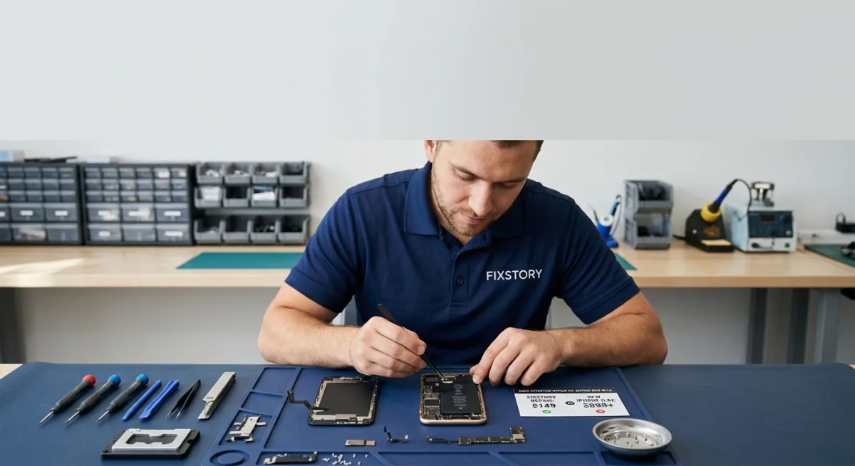 [Comparison graphic showing FIXSTORY's lower repair price vs. the high cost of a new iPhone | alt: C