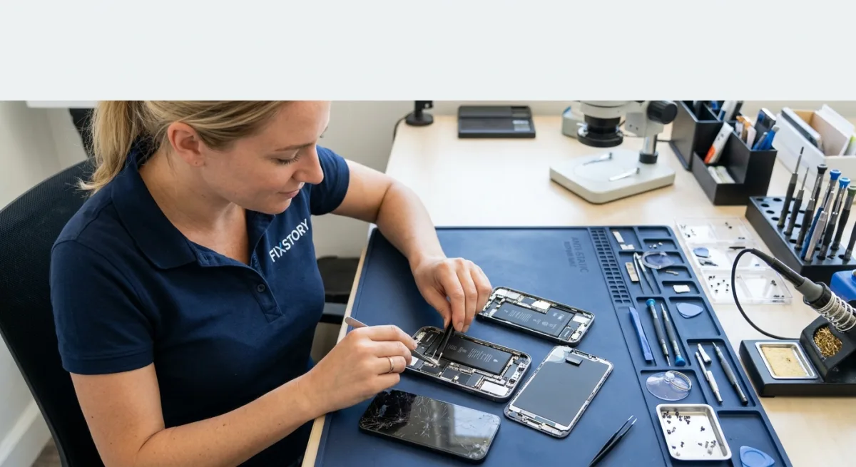 [A side-by-side comparison of a cracked iPhone screen and a fully repaired one held by a technician 