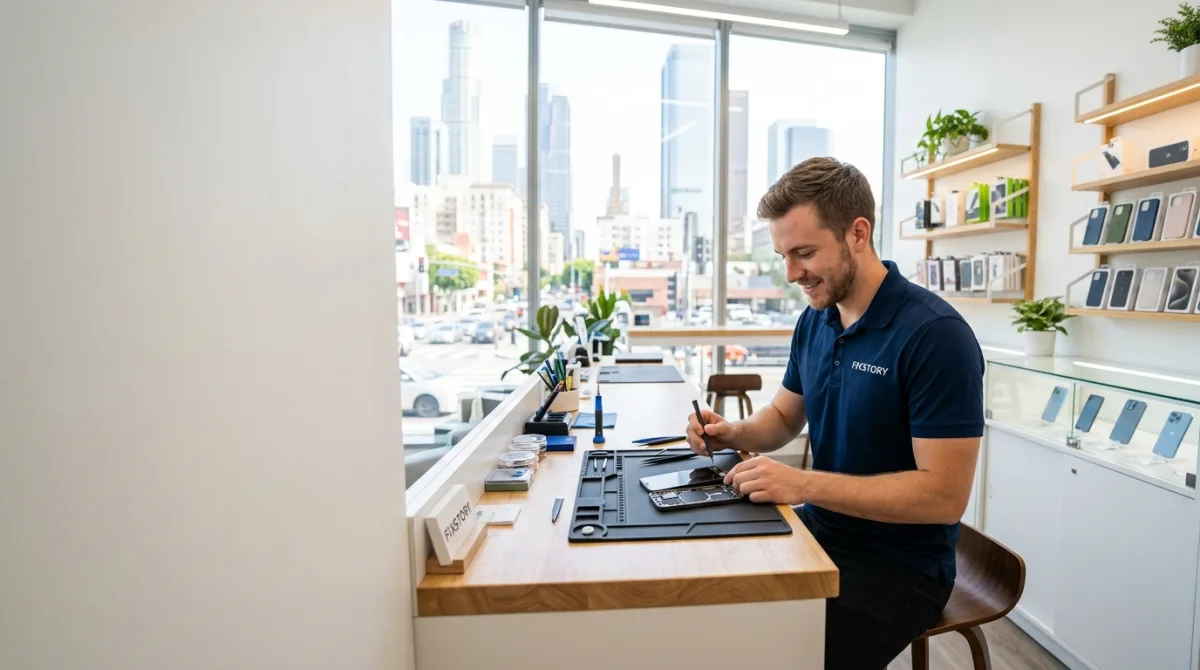 [FIXSTORY repair specialist carefully fitting a new screen onto an iPhone 15 Pro at a clean workbenc