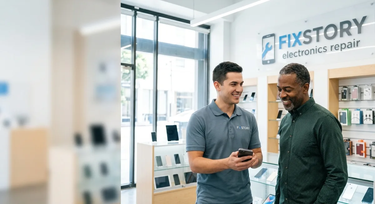 [The front entrance of the FIXSTORY shop in Downtown LA, with clear signage | alt: FIXSTORY electron