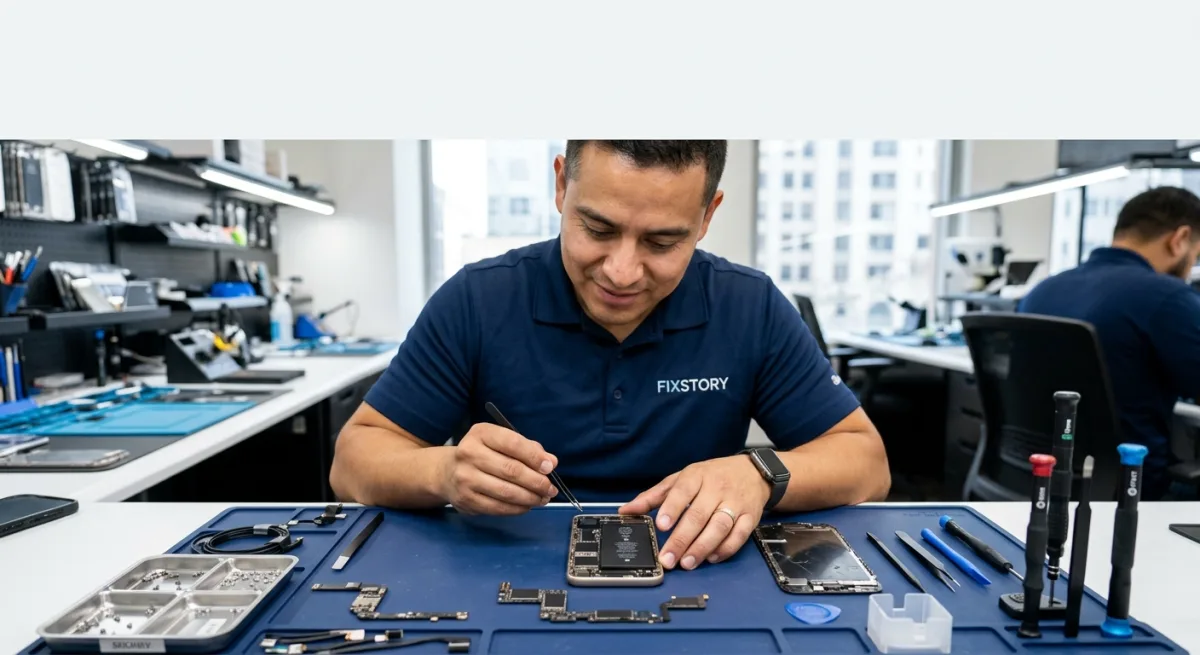[FIXSTORY technician replacing iPhone 15 screen at DTLA repair bench | alt: Técnico de FIXSTORY rep