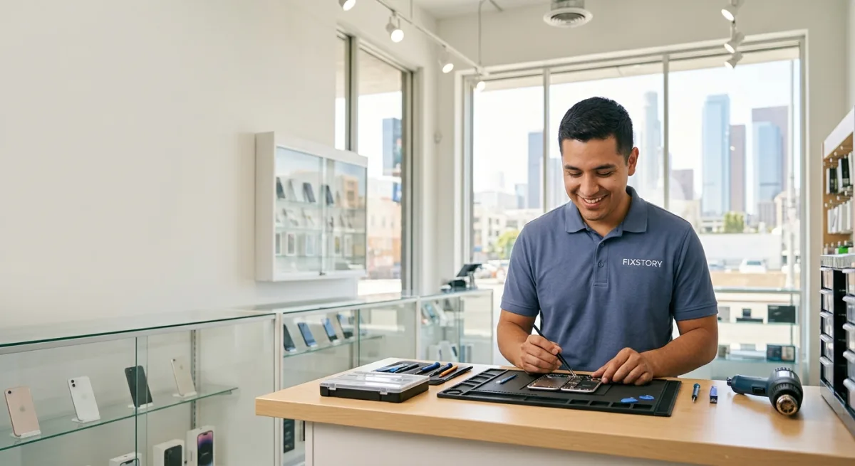 [FIXSTORY store front in Downtown LA with open sign | alt: Tienda de reparación de teléfonos FIXST