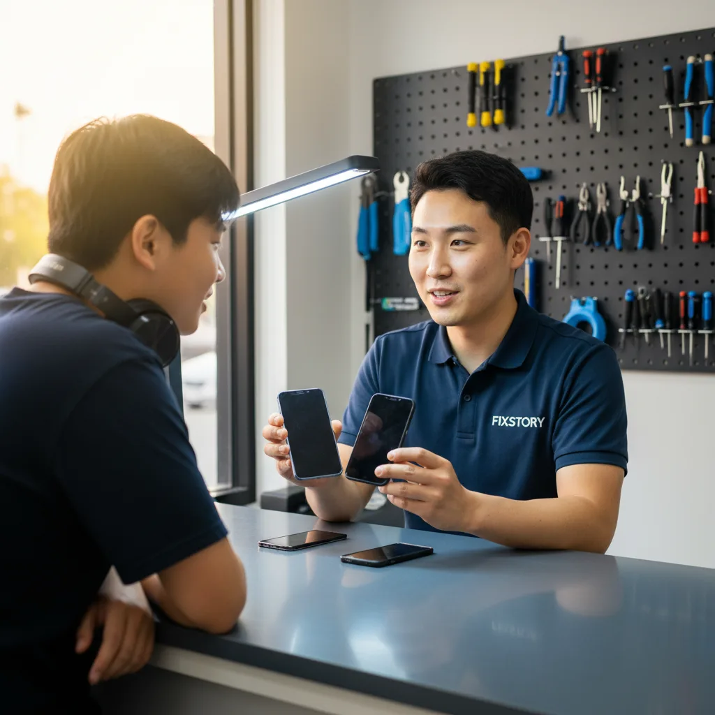 A FIXSTORY technician at a well-lit workbench, showing a customer two different quality screen parts