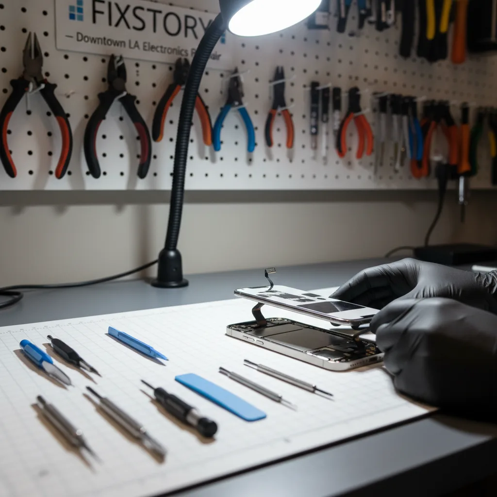 A technician's hands carefully placing a new screen onto an iPhone 15 Pro at the FIXSTORY workbench.