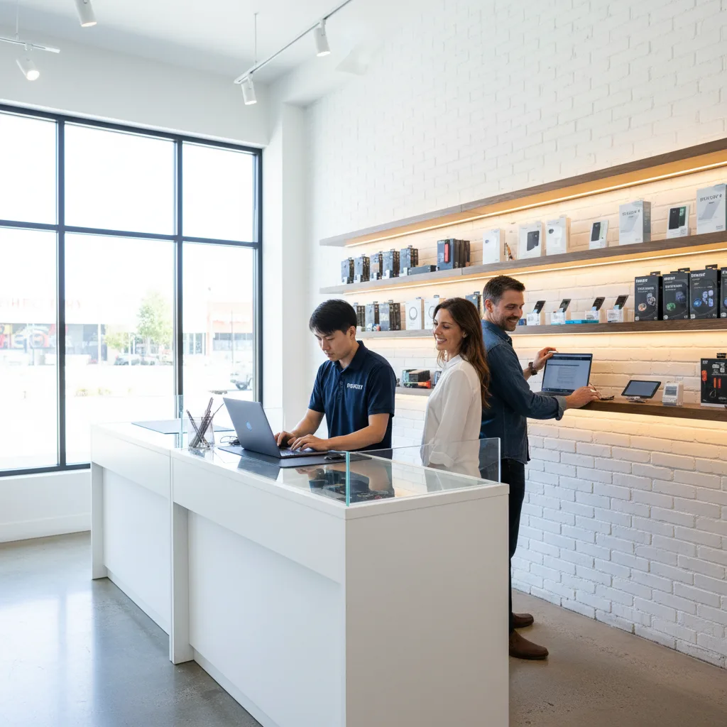 An overhead view of the FIXSTORY shop counter with a customer being helped.