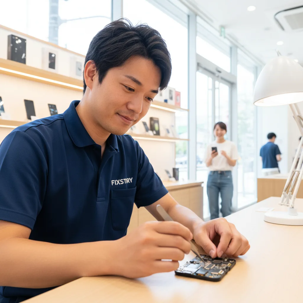 The FIXSTORY storefront in Downtown Los Angeles with a customer walking out happily holding their re