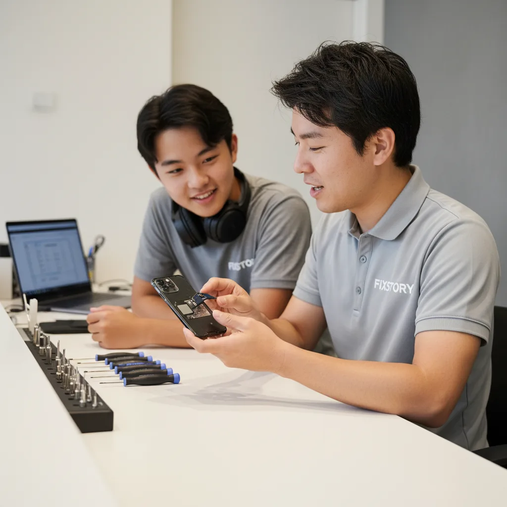 A FIXSTORY technician expertly replacing an iPhone 15 Pro screen at a well-lit workbench.