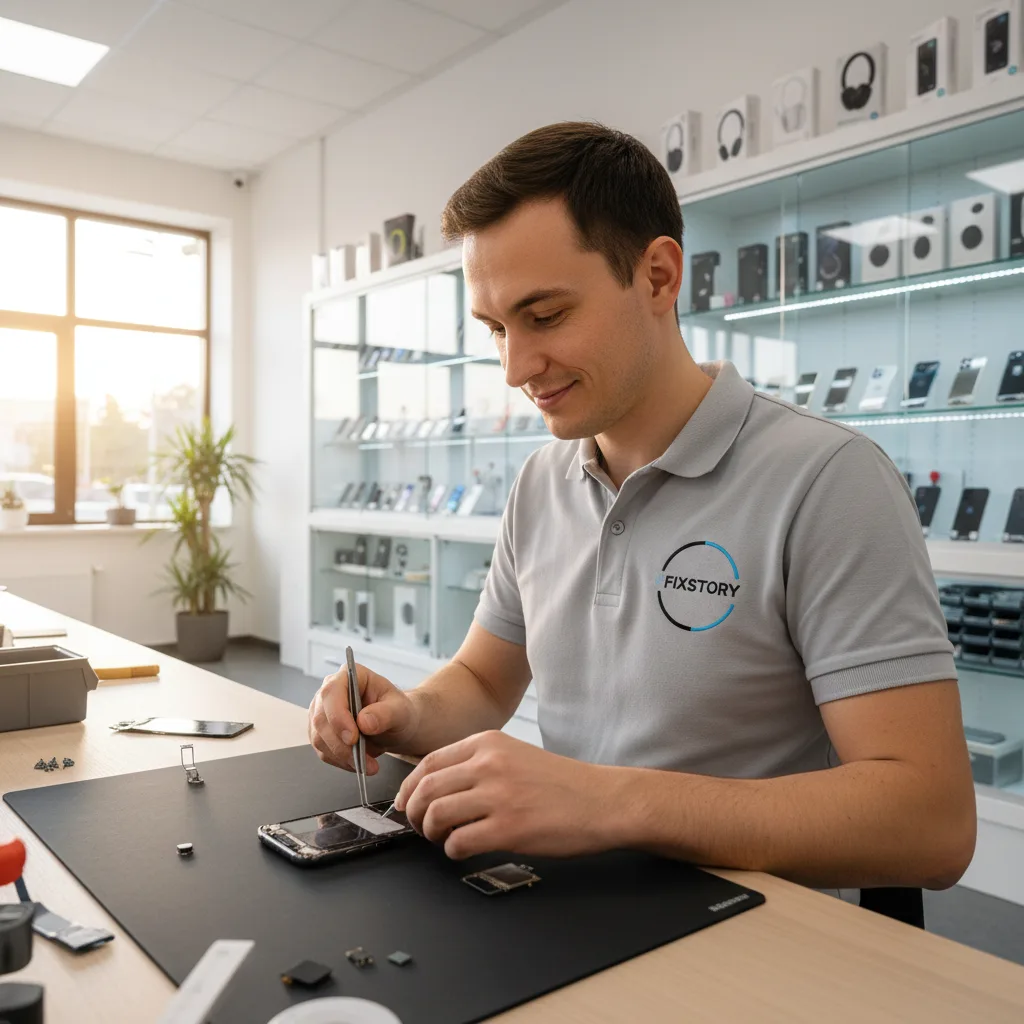 Техник FIXSTORY аккуратно устанавливает новый экран на iPhon