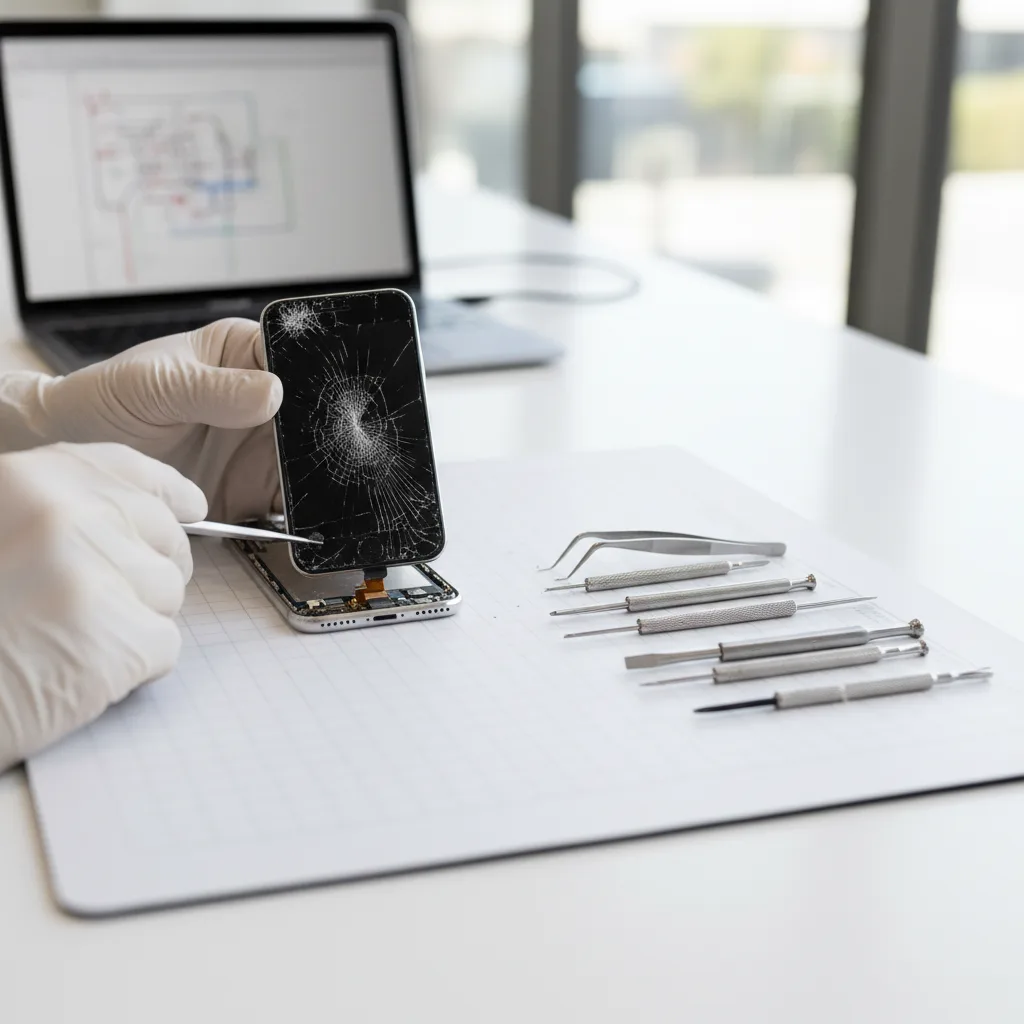 A technician's hands carefully lifting a damaged iPhone screen off the device body with specialized 