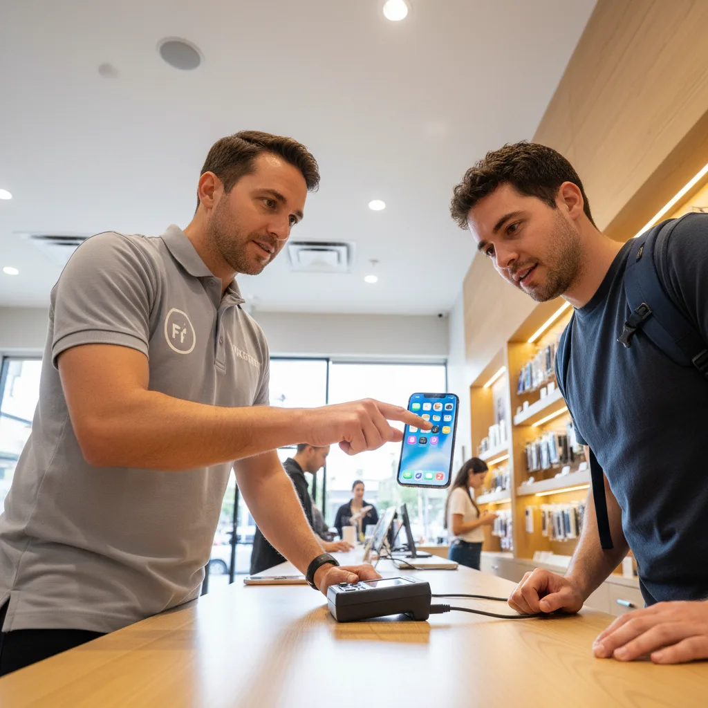 A pristine, repaired iPhone 14 with a bright, clear home screen, held in a customer's hand.