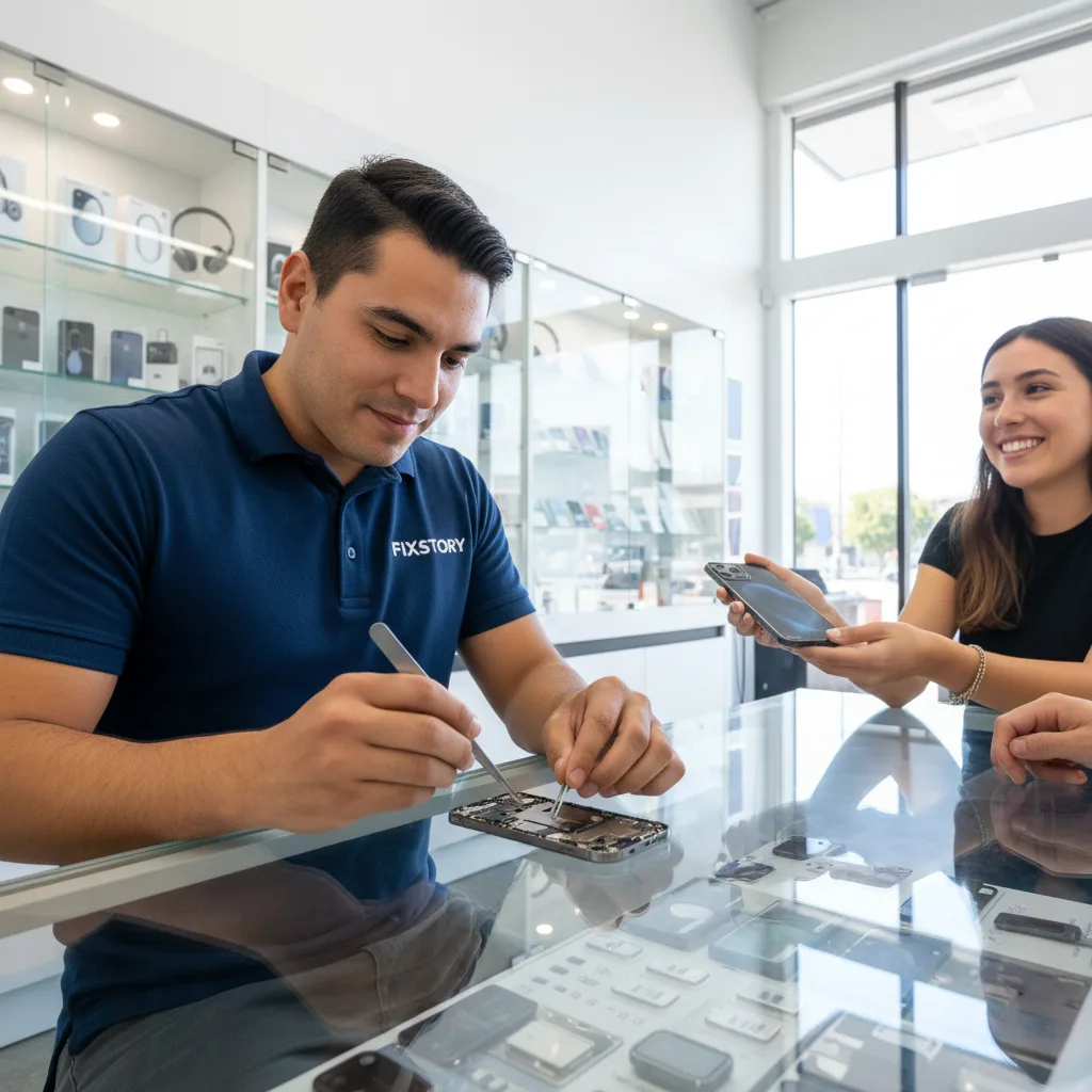 FIXSTORY shop counter with a happy customer getting their repaired iPhone 14 back in minutes