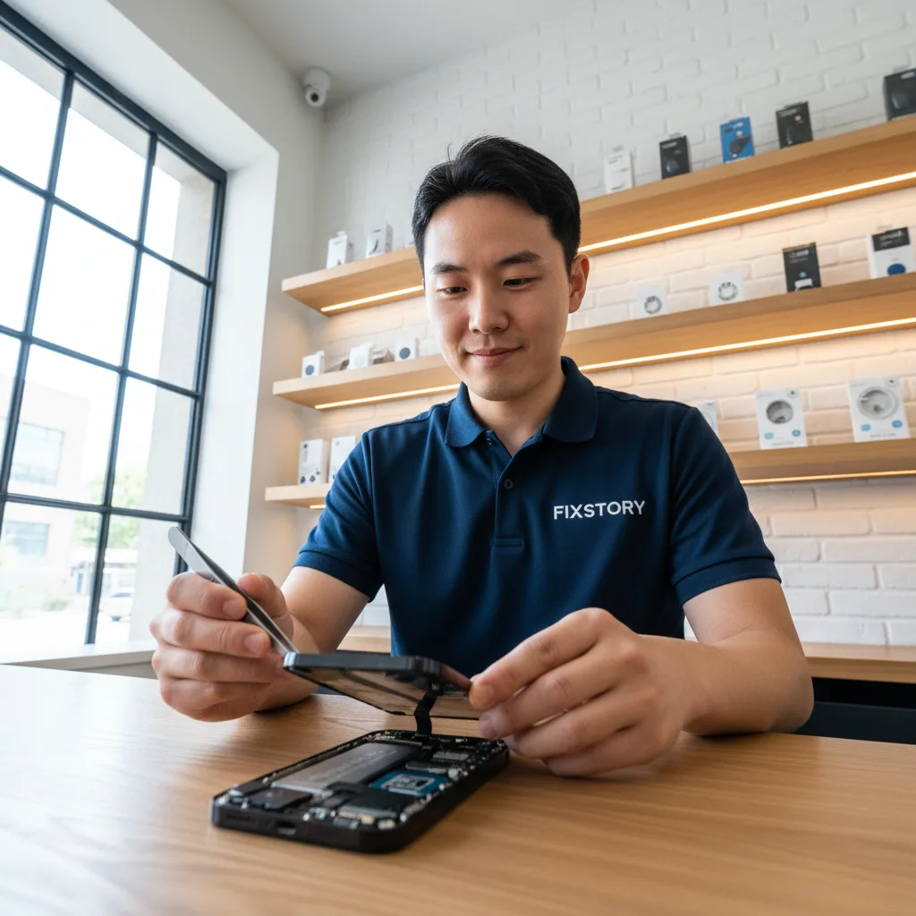 A technician's hands carefully placing a new, pristine screen onto an iPhone 14, with the internal c