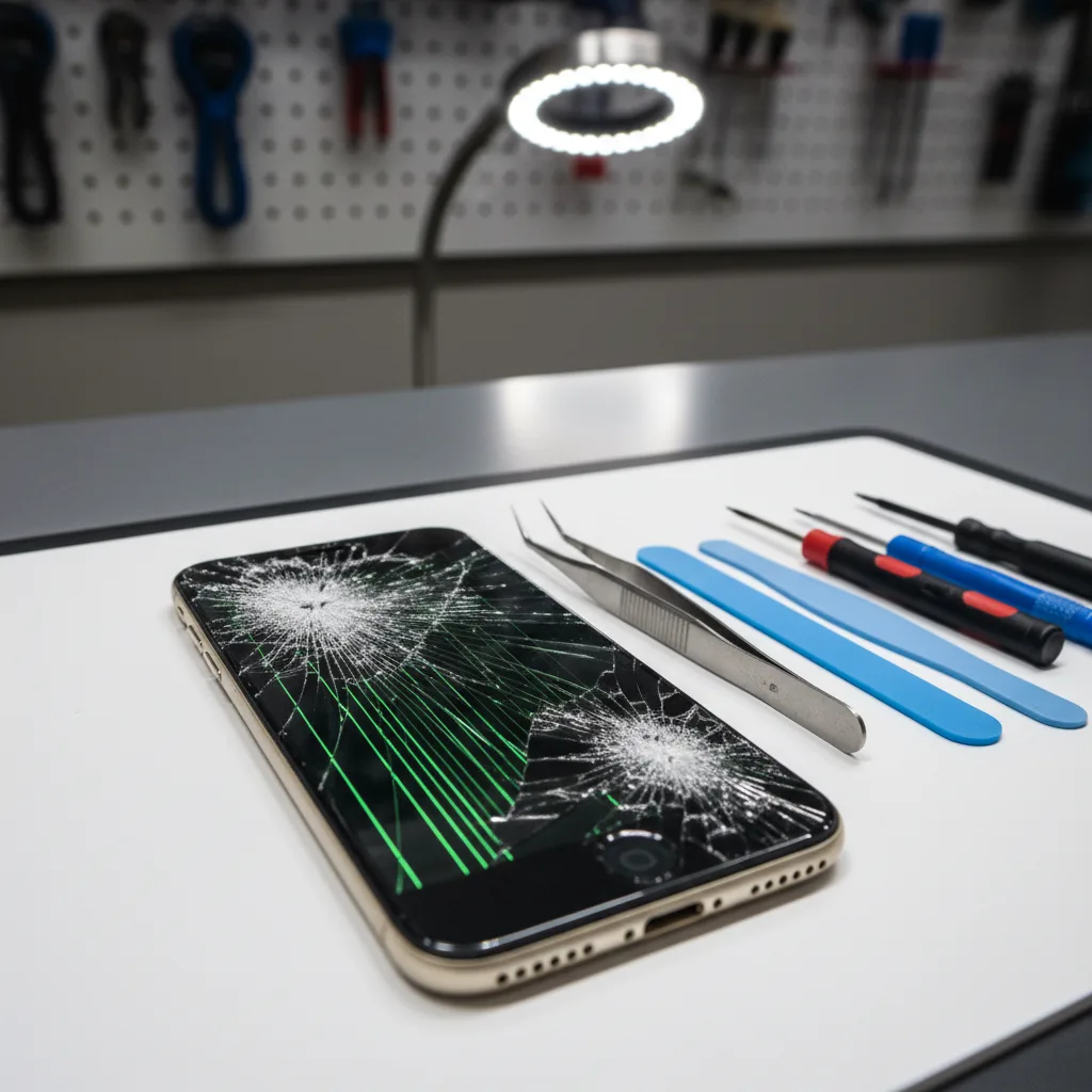 A close-up shot of a badly damaged iPhone screen with green lines and black spots, showing what can 