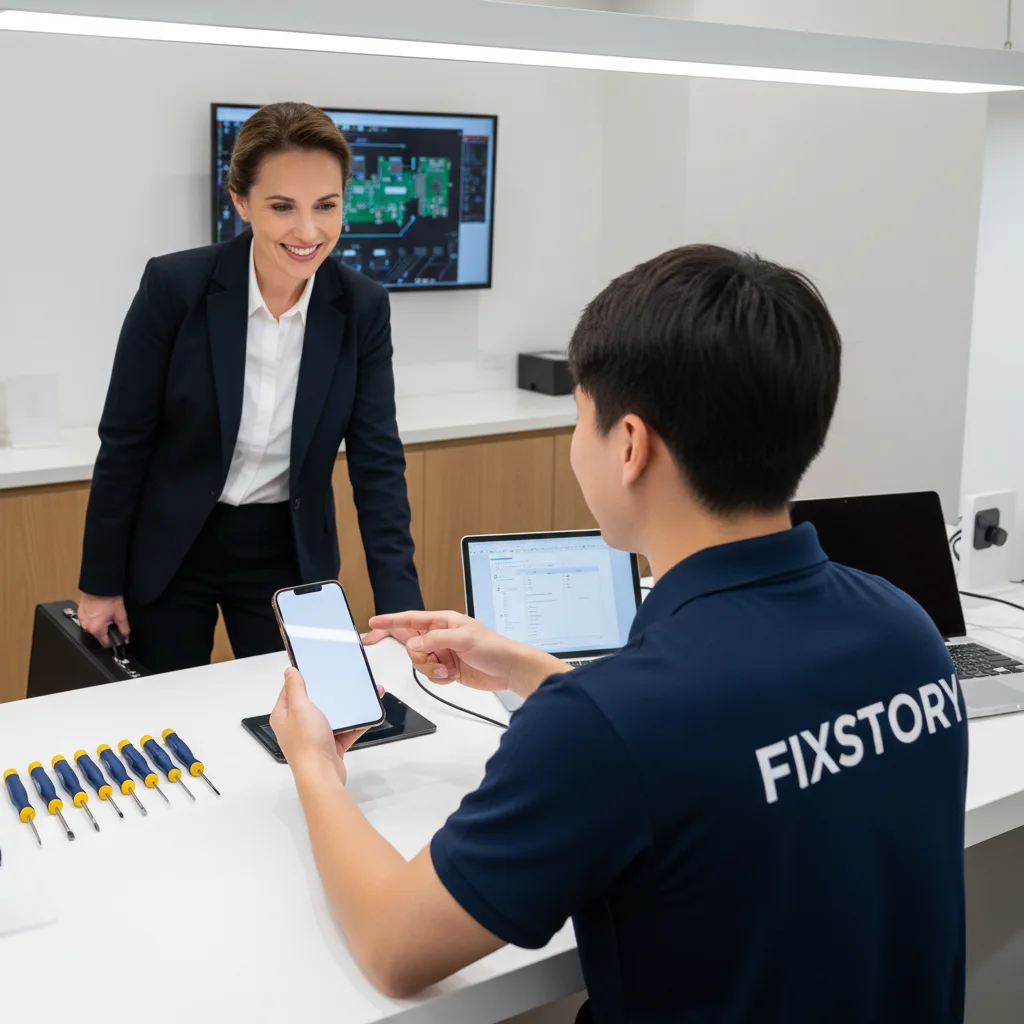 A smiling customer leaving FIXSTORY with a perfectly repaired iPhone 14