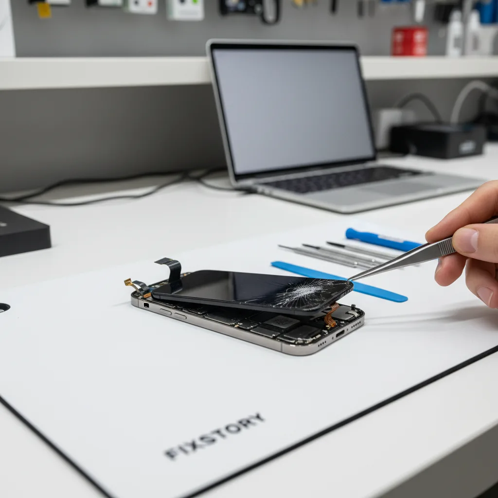 A FIXSTORY technician skillfully replacing an iPhone 14 screen at their workbench.
