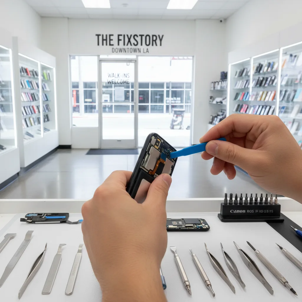 The FIXSTORY storefront in Downtown Los Angeles with a welcoming 'Walk-ins Welcome' sign.
